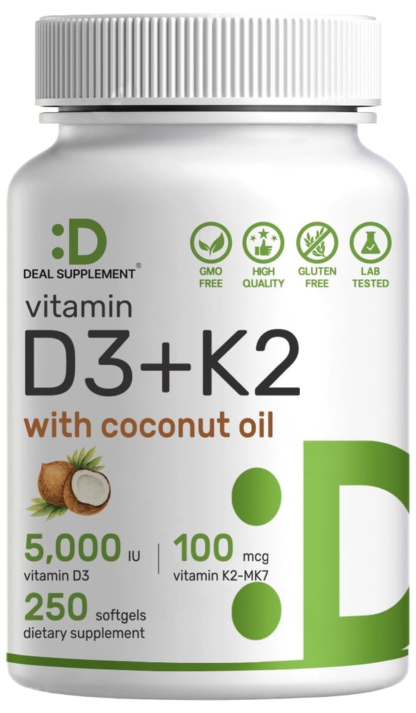 DEAL SUPPLEMENT Vitamin D3 5.000 IU + K2 MK7 100mcg Softgels | 2-in-1 Complex mit Virgin Coconut Oil | Unterstützt Herz, Knochen, Zähne & Immune Gesundheit | Einfach zu schlucken