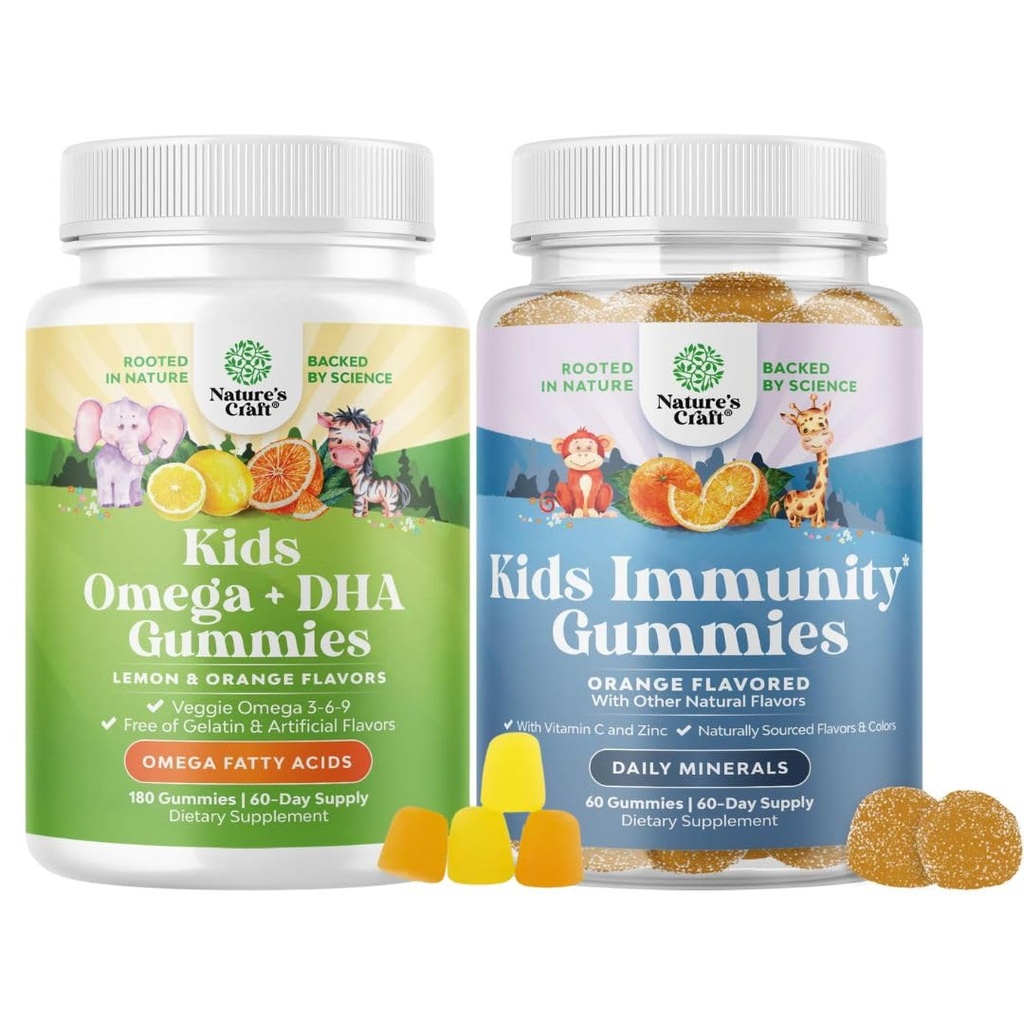 Bundle von Omega DHA Gummis für Kinder - Fettsäuren Omega 3 6 9 mit Vitamin C für Gehirn, Immunität & Vision und Kinder Immunität unterstützen Gummis - Delicious Vitamin C mit Zink & Echinacea Immune Booster