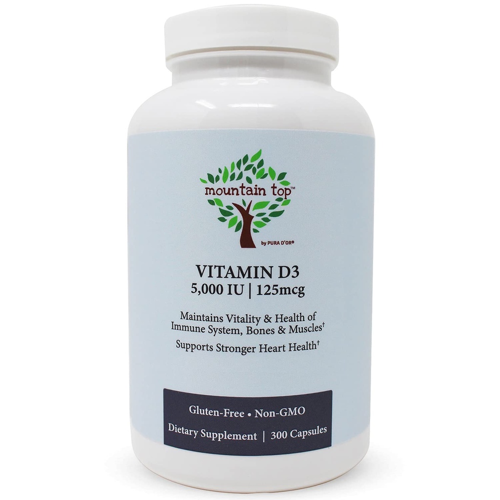 MOUNTAIN TOP Vitamin D3 5000 IU 125mcg Kapseln (300 Zähler) unterstützt Immungesundheit, starke Knochen und Zähne, & Muskelfunktion - Nicht-GVO, Glutenfrei