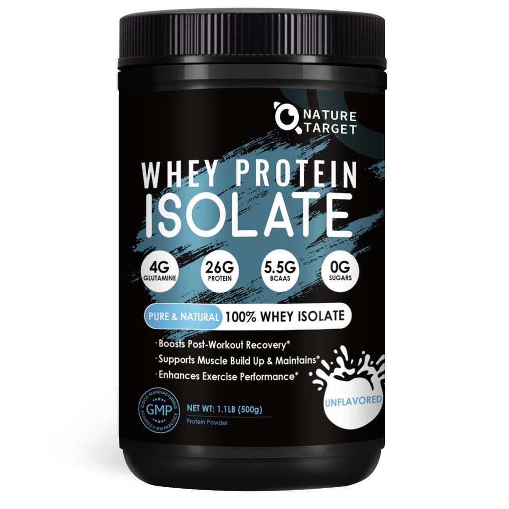 NATURE TARGET Non aromatisé Protein Whey Isolate - 26g Protéines, 0g Sucre, Keto Friendly - No rBGH, Grass Fed - Parfait pour le café, la cuisson et les smoothies - 1.10 LB (16 portions)