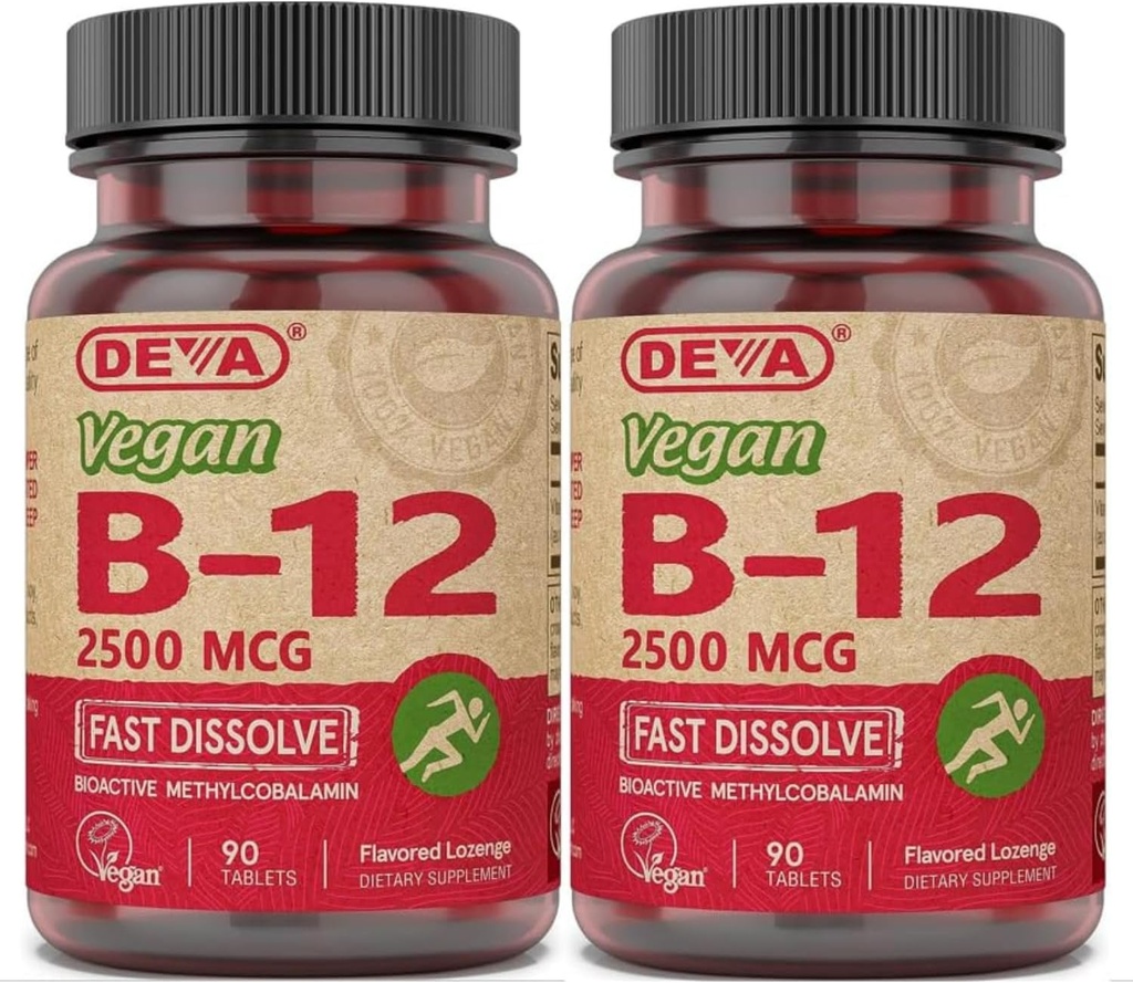 DEVA Vegan Vitamine B-12, Hohe Potenz 2500 mcg B12, Schnellauflösen, Sublingual, 90 Tabletten (Pack von 2)