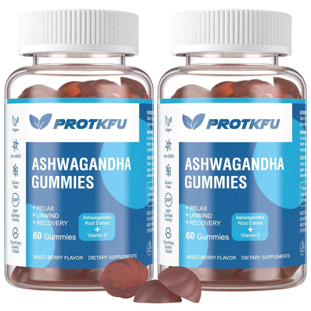 2 Pack Ashwagandha Gummies & Vitamin D3 Gummies Organische Aswangdha-Ergänzung zur Verbesserung des Schlafes, Stress-Relief & Mood-Kalks (Non-GMO, Gluten-Free & Sugar Free)