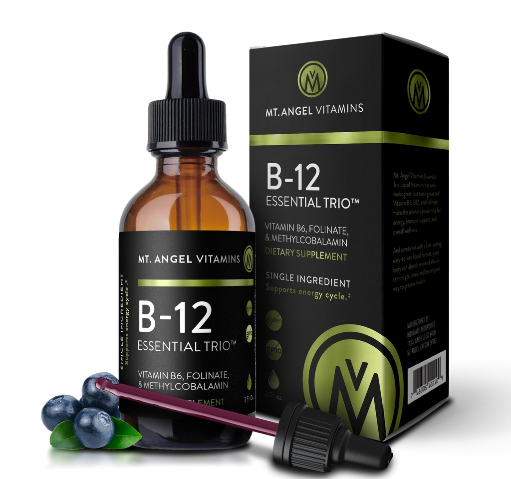 Mt. Angel Vitamins - B12 Essential Trio - Vegan Sublingual Drops mit High-Potency Methyl B12, B6 & Folate - Easy Absorption Liquid - Non-GMO, Made in USA