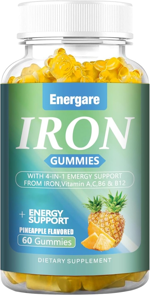 1 Pack 100Mg Eisen Zusatzgummis für Damen und Herren - Vitamin A, C, B - Energieunterstützung für Eisenmangel, Anämie, Erwachsene &Kinder, Ananas Flavor Gummy, 60 Zähler