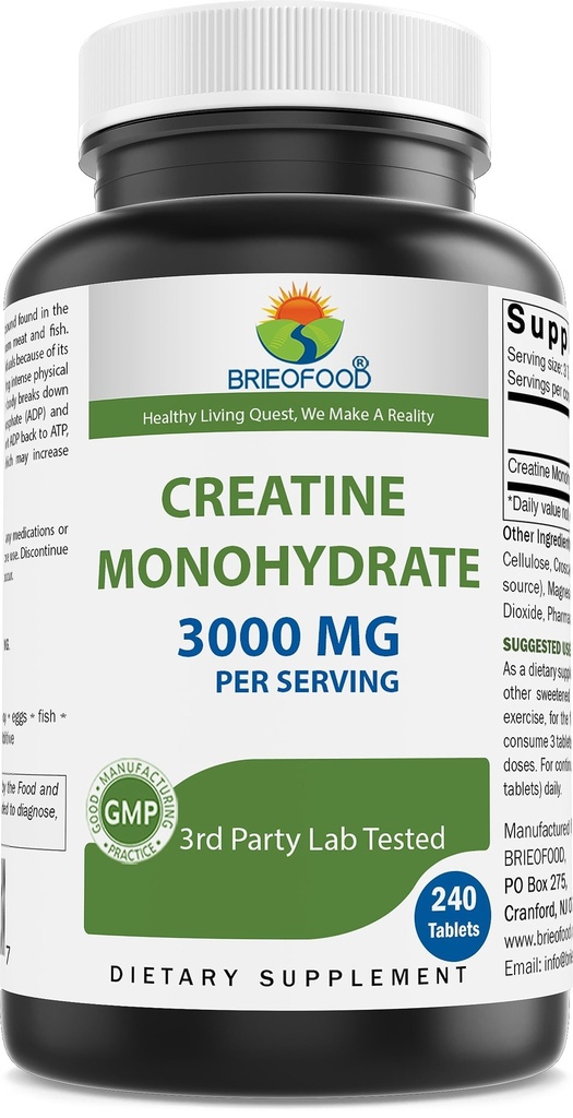 Brieofood Creatine Pillen 3000 mg pro Servieren - 240 Tabletten - 3. Party Lab Getestet für Reinheit & Qualität - Hilft, die sportliche Leistung zu verbessern