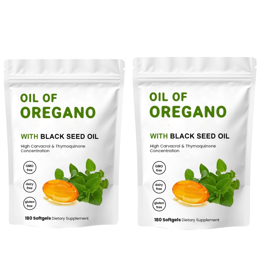 2 Packung Öl von Oregano Softgels, 2 in 1 Öl von Oregano mit schwarzem Seedöl 200mg, Glutenfrei