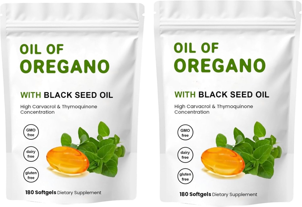 2 Packung Öl von Oregano Softgels, 2 in 1 Öl von Oregano mit schwarzem Seedöl 200mg, Glutenfrei