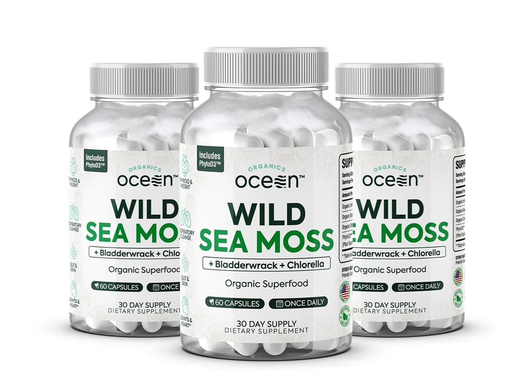 Organics Ocean Wild Sea Moss Capsules - 100% Bio Irish Sea Moss with Organic Chlorella, Bladderwrack and Vitamine D for Energy, Lung Health and Thyroïde Support for Women and Men - 3 bouteilles
