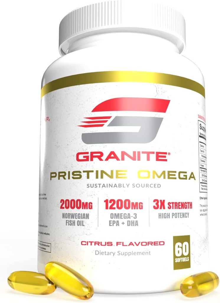Granite Pristine Omega-3 Supplement, 2000mg Norwegian Fish Oil Supplements with EPA & DHA, Supports Joint, Heart, Brain, & Mood, Sustainably Sourced, Purity Tested (60 Softgels)