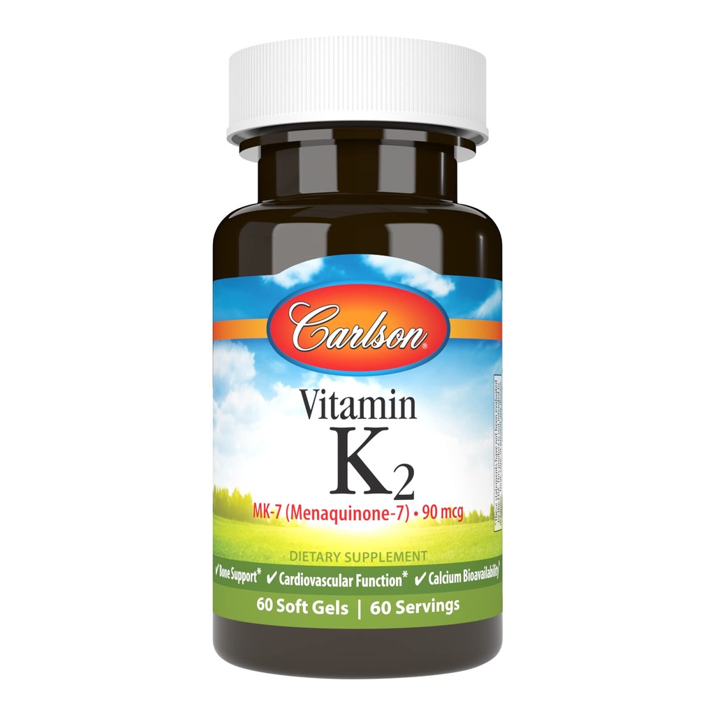 Carlson - Vitamin K2 MK-7 (Menaquinone), 90 mcg, Knochenunterstützung, Calcium Bioverfügbarkeit, K2 Vitamin, Vitamin K-2, 60 Softgels