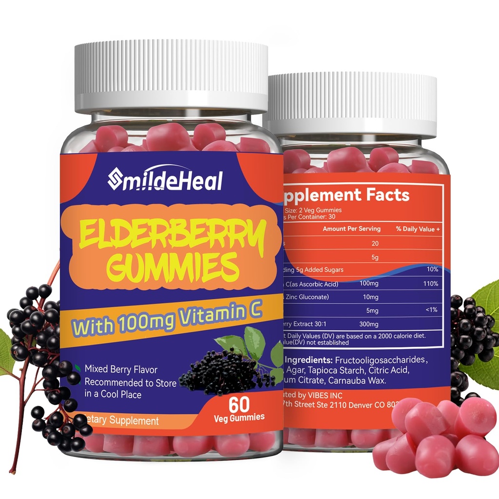Elderberry-Gummien, Elderberry-Extrakt 300mg, mit Vitamin C und Zink, Erdbeer-Flavour-Gummien, Nicht-GVO, Glutenfrei, Vegan-Friendly, Immununterstützung, 60 Count (Pack von 2)
