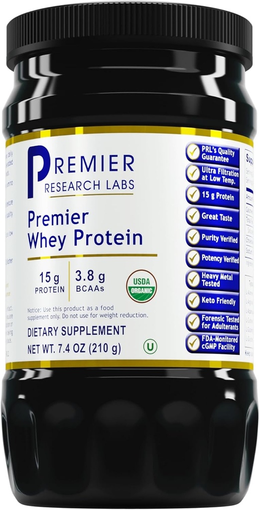 Premier Research Labs Whey Protein - Non aromatisé Premier Whey Protein Powder, Bio Whey Protein Concentrate, Keto Friendly, se mélange avec des boissons, à faible chaleur filtré - 7,4 Oz