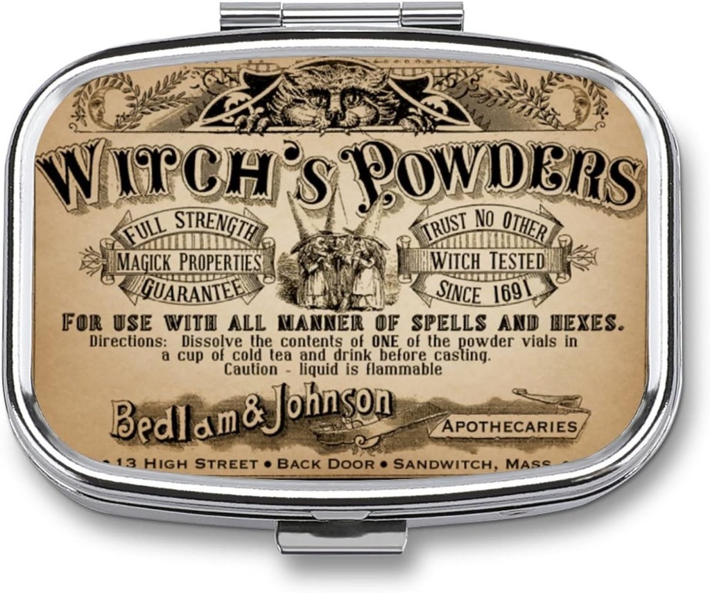 Metall 2 Compartment Pill Organizer Travel Friendly Portable Compact Box Vitamine/Tylenol/Fish Oil/Supplements/Tablet (Vintage Witch's Powders), 1,97 x 0,79 x 0,39 Zoll, 1,0 Zähler