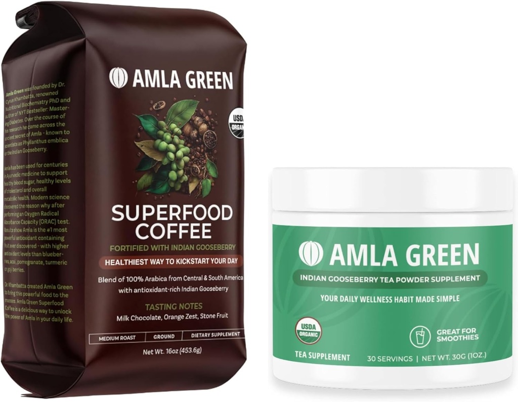 Amla Green Organic Ground Superfood Coffee, Medium Roast Gourmet Coffee und 20X Konzentrat Original Amla Power 30 Servieren
