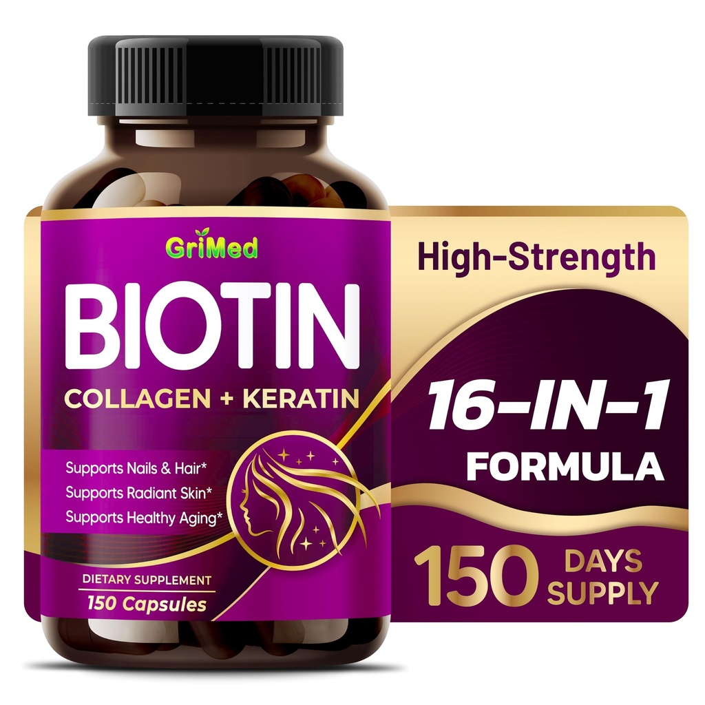 GriMed BIOTIN avec collagène + kératine 7,275mg Nails et cheveux forts, peau radiante, vieillissement en santé- États-Unis fait et testé (150 comte (paquet de 1))