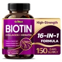 GriMed BIOTIN avec collagène + kératine 7,275mg Nails et cheveux forts, peau radiante, vieillissement en santé- États-Unis fait et testé (150 comte (paquet de 1))