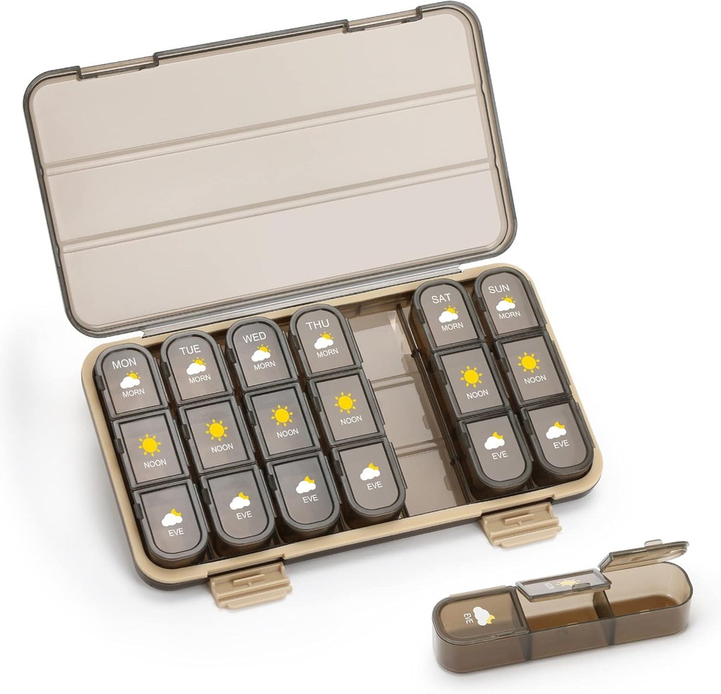 Pill Organizer 3 Mal ein Tag, Pille Box 7 Tag - Acedada Wöchentliche Reise Medizin Organizer Box, Große Säule Behälterhalter Vitamine Fall Pillenspender, Braun