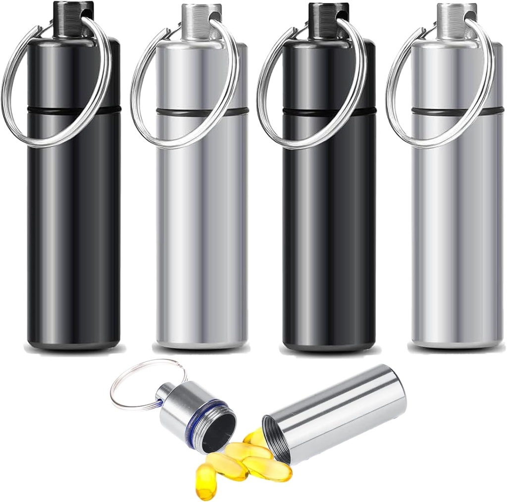 4pcs Pillen-Gehäuse, Reise Pillen-Gehäuse, Schlüsselanhänger Pillenhalter, Portable Container Mini Metall-Gehäuse, Kleine tragbare wasserdichte Pillen-Boxen mit Schlüsselanhänger, Medizin Flasche für Outdoor-Camping-Reise
