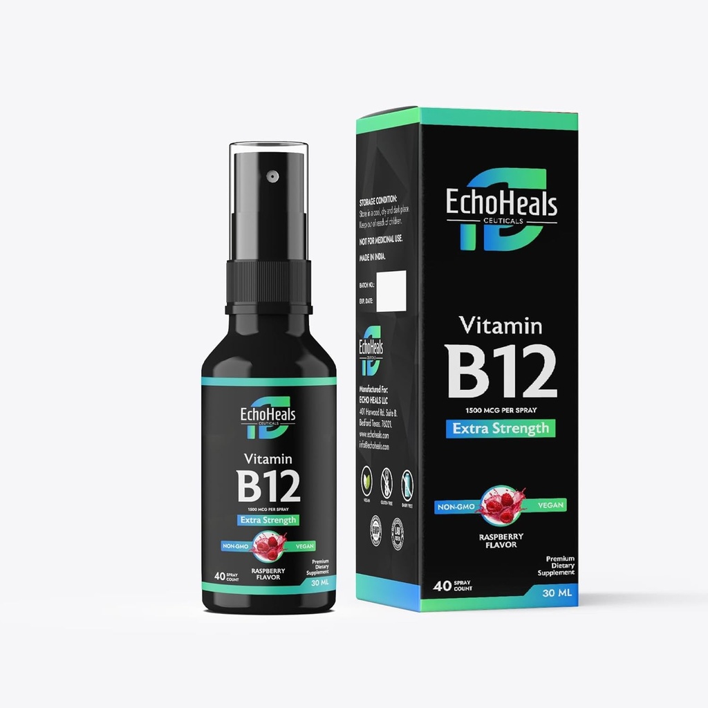 Vitamin B12 Flüssiges Spray | Vitamin B12 für Energieunterstützung | Vegan | Non-GMO | Gluten Free | 40 Sprays | 1500 mcg pro Spray | Raspberry Flavor | 1 fl Oz