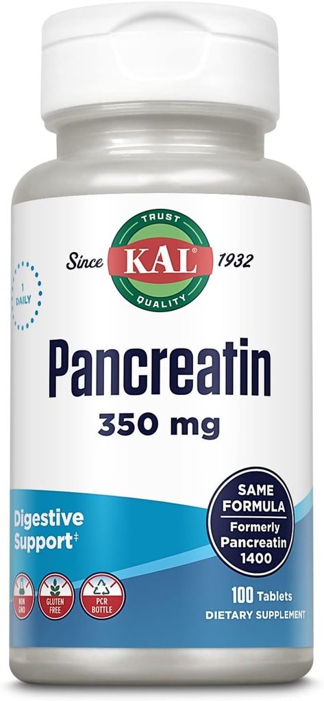 KAL Pancreatin 350mg, Verdauungsenzyme für Frauen und Männer, Pankreasenzyme für Verdauungsunterstützung, Glutenfrei, Non-GMO, schnelle Zersetzung, 60-Tage-Garantie, 100 Servietten, 100 Tabletten