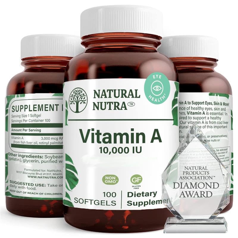 Vitamine Nutra naturelle A 10 000 UI de softgels – Vitamines oculaires et cutanées de haute puissance – Sans gluten - Supplément pour la vue et la santé de la peau – Huile de foie de poisson pour les hommes et les femmes, sans gluten 250 softgels (2 pack)