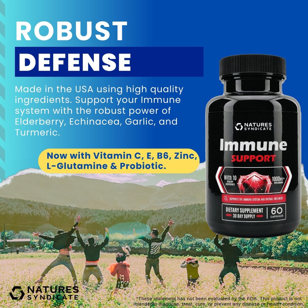 Immununterstützungsergänzung - 10-in-1 mit Echinacea, Elderberry, Knoblauch, Kurkuma mit Zink, Vitamin C, E, B6 & L-Glutamin, 4.8 Billion CFU Probiotic für Erwachsene