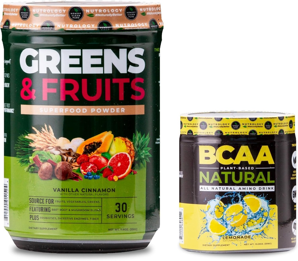 Nutrology Greens & Fruits Powder-Naturally Sourced Superfood, Vanilla Cinnamon (30 Servierungen) BCAA Natural, Pflanzenbasierende BCAA Pulver, Lemonade Flavor (30 Servierungen)