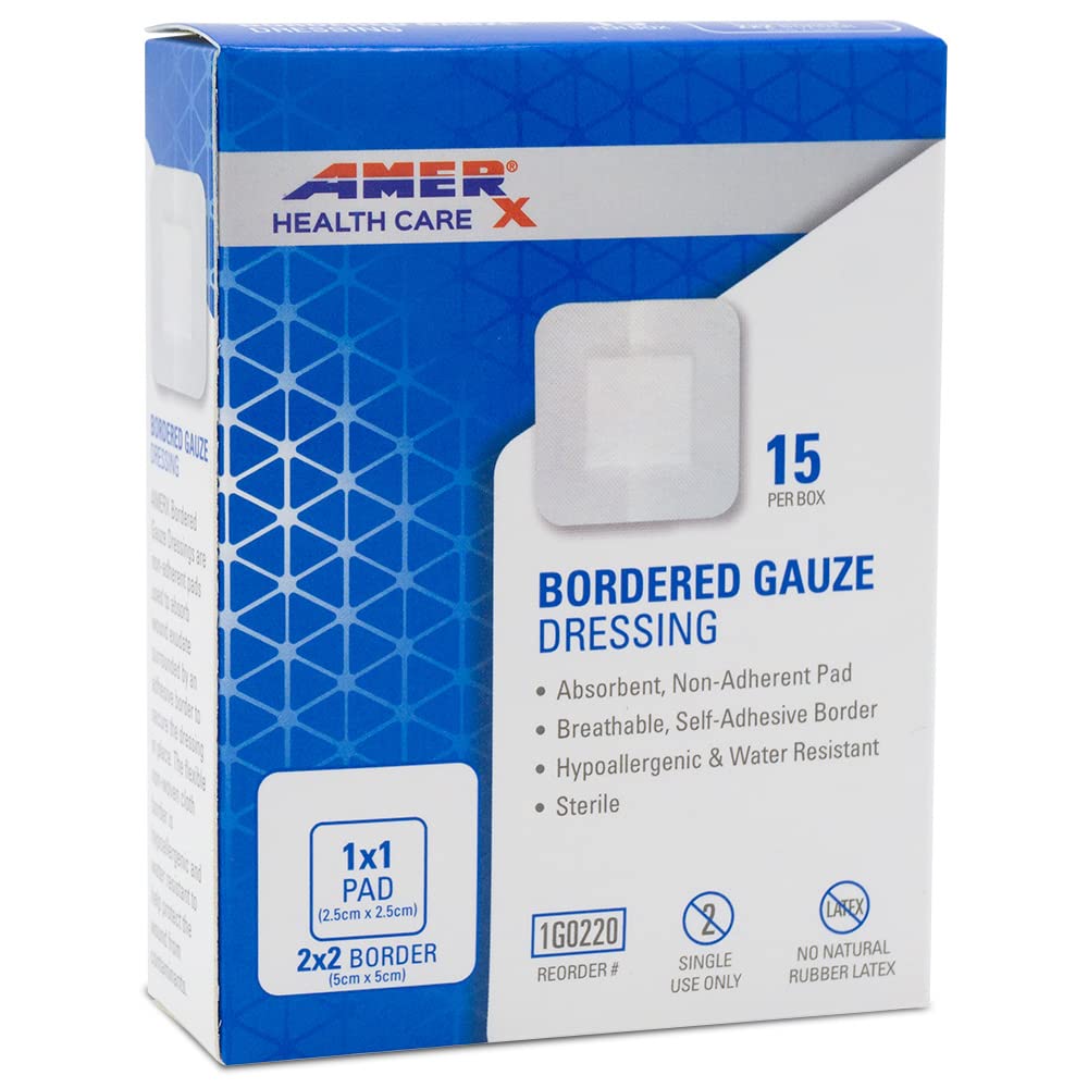 2" x 2" Dressing (1x1 Pad) AMERX Borded Gauze - Bandes adhésives - Barrière résistante à l'eau - Bordure auto-adhésive - Respirant, hypoallergénique - 15 Pads par boîte