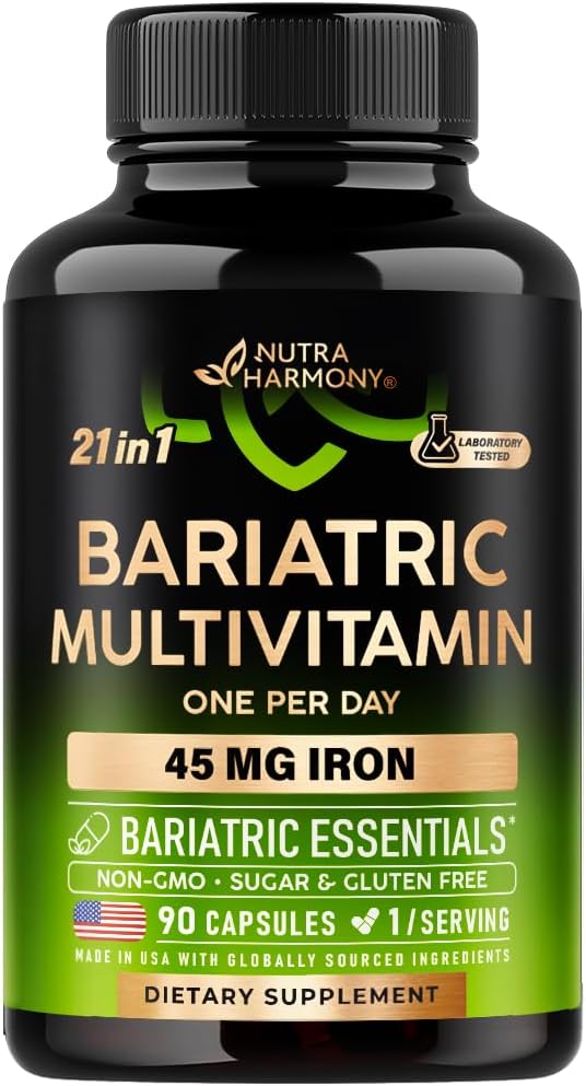 NUTRAHARMONY Bariatric Multivitamin - 45 mg Eisen Beilagen - Made in USA - für Damen &amp; Herren - All-in-One, 21 Essential Vitamins - Gastric Sleeve Support - Light Tropical Flavor - 90 Kapseln