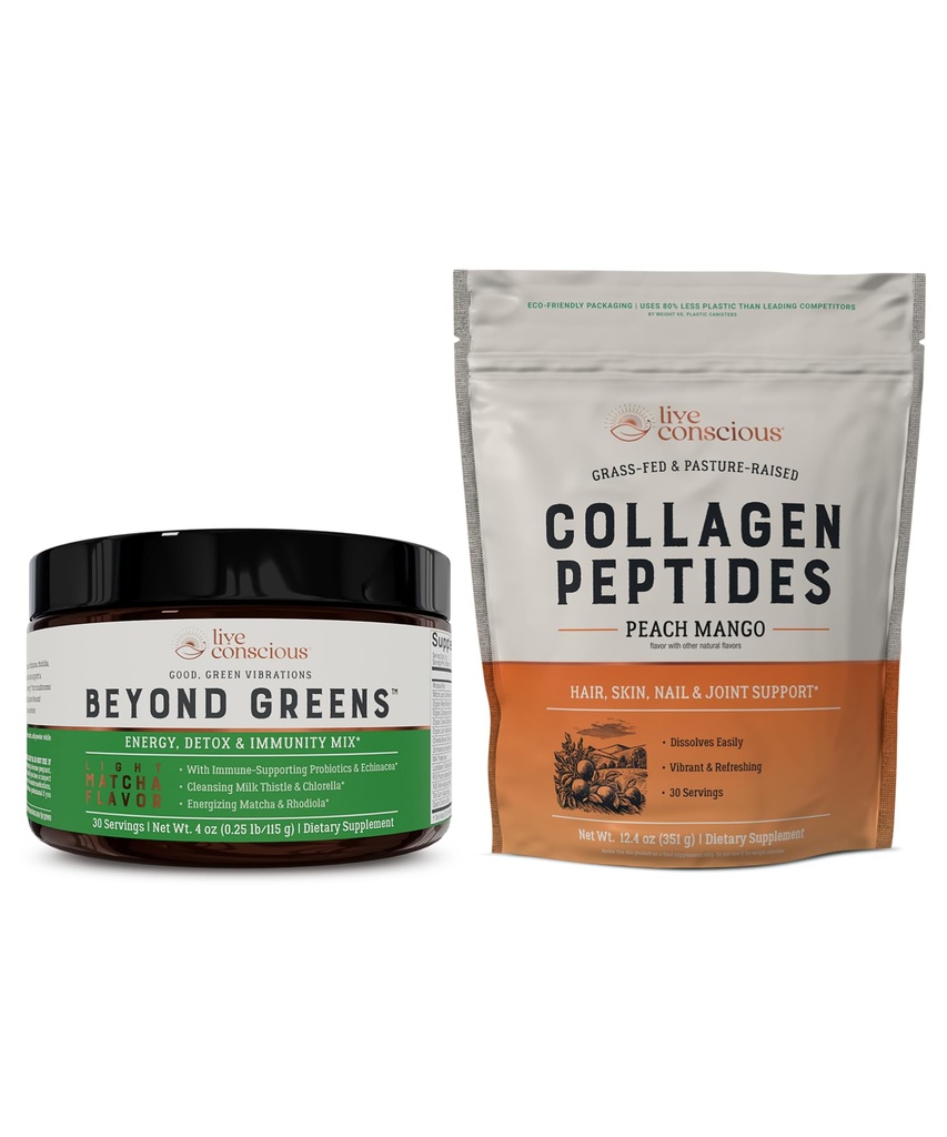 Live Conscient Beyond Greens & Collagen Peptides Peach Mango.