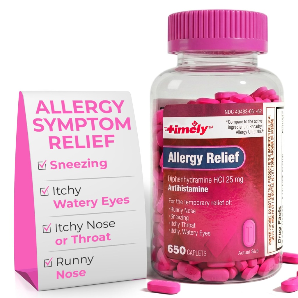 Anti-allergie rapide Diphenhydramine HCl 25 mg - 650 Caplets - Comparativement à Benadryl Allergy Ultratab - Antihistamine - Allergie Médicament - Runny Nez Relief pour les adultes - Traitement des yeux aqueux