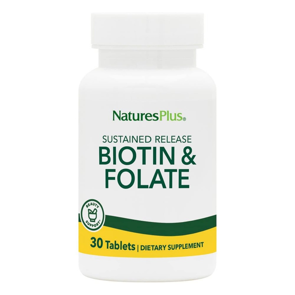 Natures Plus Biotin & Folsäure (Methylfolat), Sustained Release - 30 vegetarische Tabletten - Vitamin B7 & Vitamin B9, unterstützt Haarwachstum, Energie Booster, Pränatales Vitamin - Glutenfrei - 30 Portionen