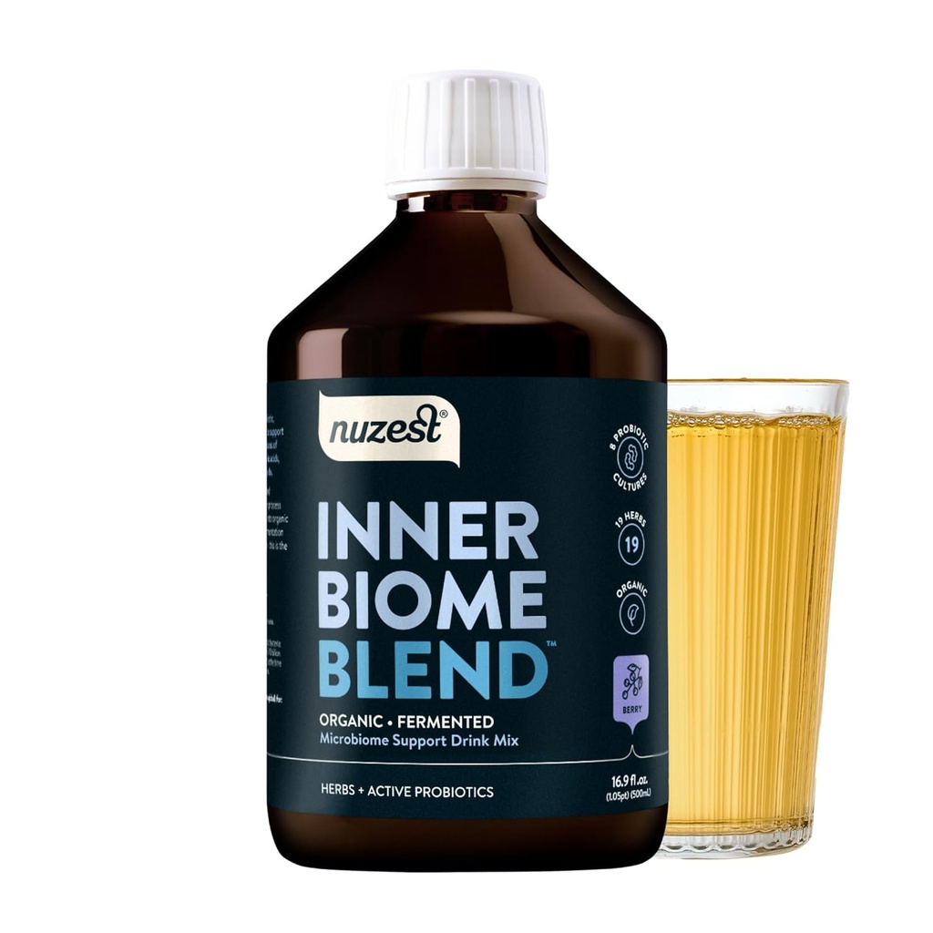 Nuzest - Mélange de biome intérieur – Mélange de boissons liquides prébiotiques, probiotiques et postbiotiques – Support de microbiome – 8 cultures de microbiotiques, 19 herbes fermentées - végétalien - biologique - saveur de baie - 16,9 fl.oz/ 500ml