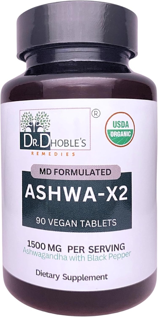 Ashwa X2, Md Formulierte Vegan Tabletten mit natürlichen Inhaltsstoffen & Schwarz Pfeffer, die Bioverfügbarkeit erhöhen, 1500mg, kein Extrakt, USDA Organic