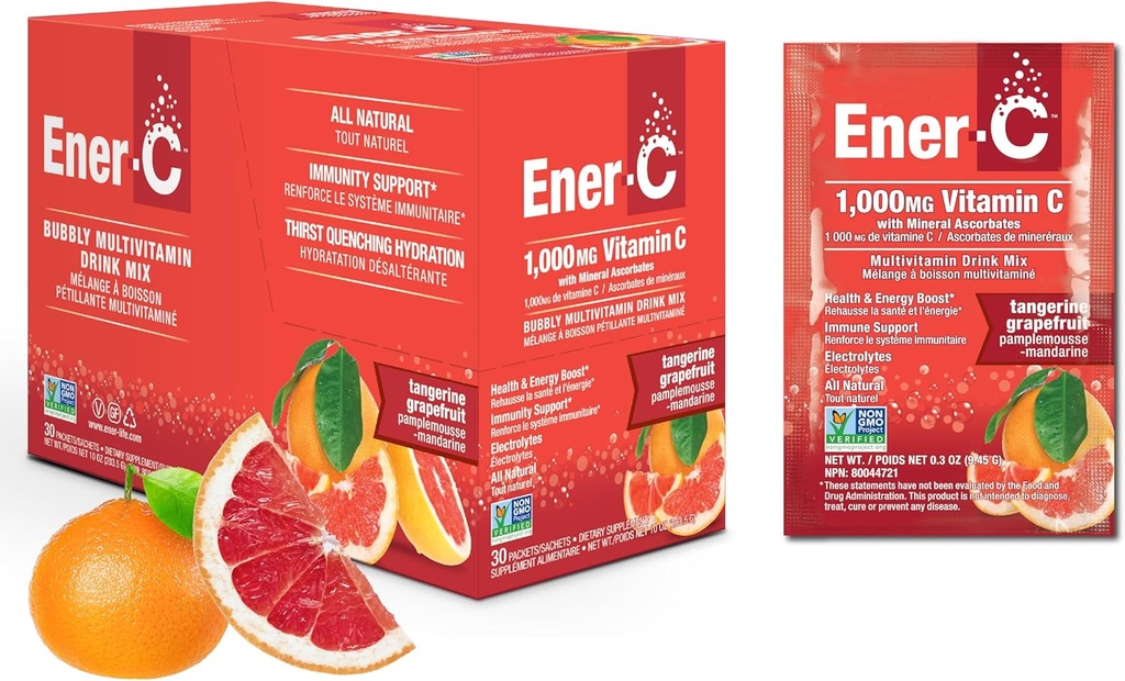 Ener-C Tangerine & Grapefruit Multivitamin Drink Mix, 1000mg Vitamin C, Non-GMO, Vegan, echte Fruchtsaftpulver, natürliche Immunität Unterstützung, Elektrolyte, Glutenfrei, 1-Pack von 30