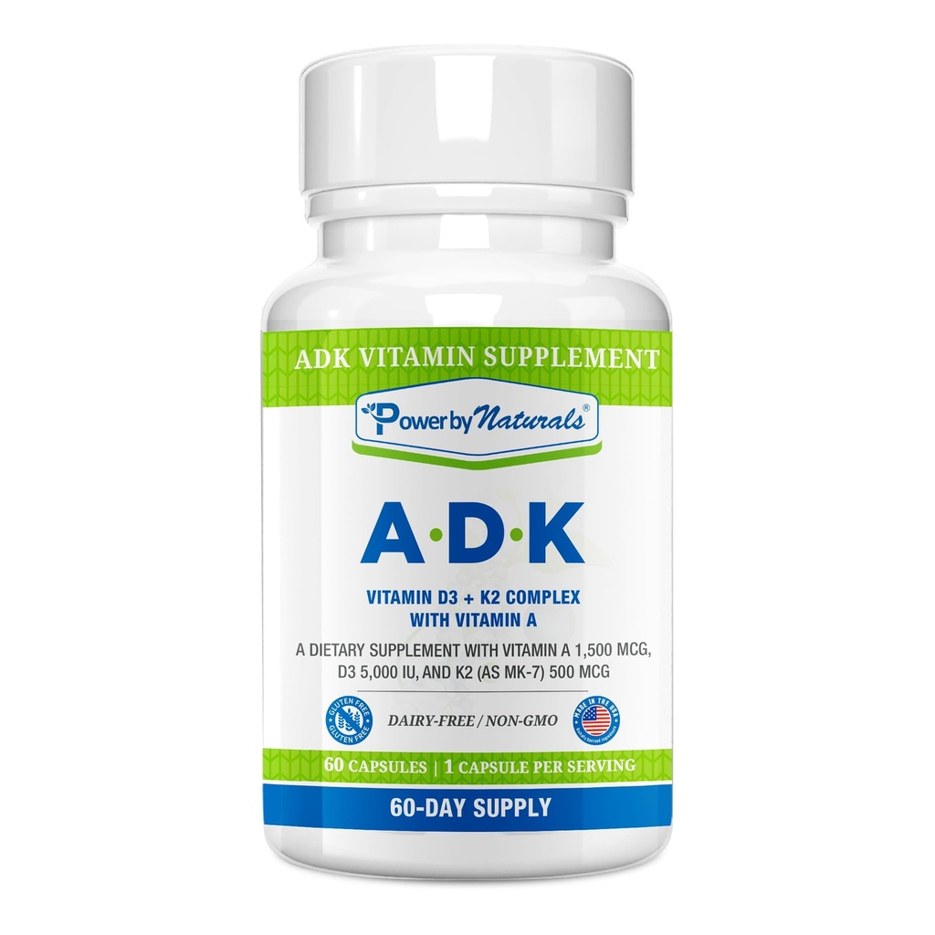 Power By Naturals ADK Vitamin Supplement - High Potency Blend von VIT A D3 K2 Vitamin 5000 iu - Unterstützung von Knochen, Herz und Immune Gesundheit - 60 Kapseln (2 Monate Versorgung)