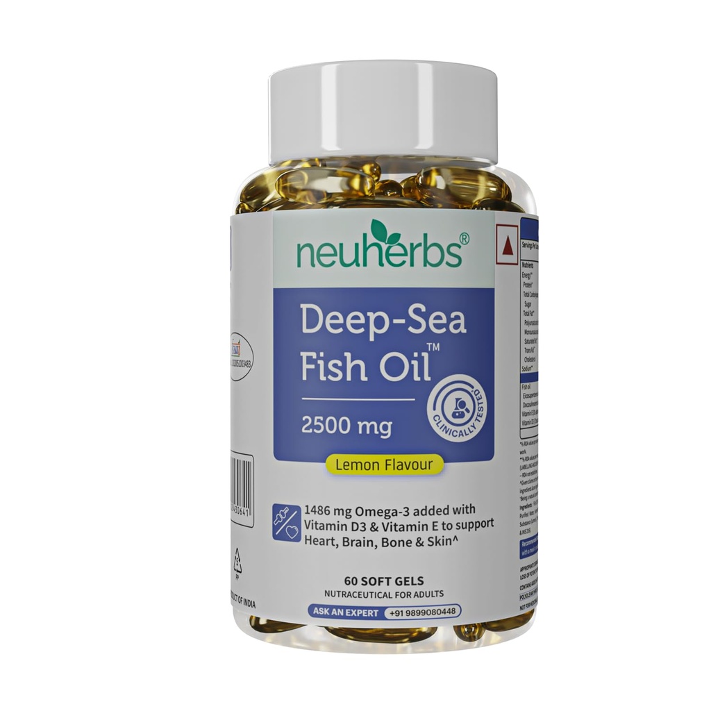 Neuherbs Deep Sea Fish Oil (60 Softgels) Omega 3 Supplement Triple Strength 2500 Mg für Muskel, Gelenke, Herz und kognitive Unterstützung | Keine Fishy Burps mit Zitronengeschmack für Männer & Frauen | (Pack von 1)