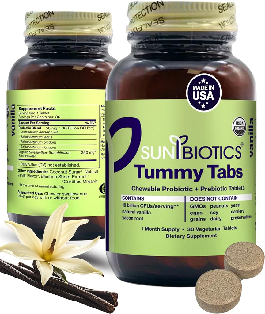 SUNBIOTICS Tummy Tabs - Kaubare probiotische und präbiotische Tablets mit 18 Billion CFUs von 4 probiotischen Strainen für Gut Flora, Immunsystem, & Balanced Microbiome - Vanilla, (Pack von 1)