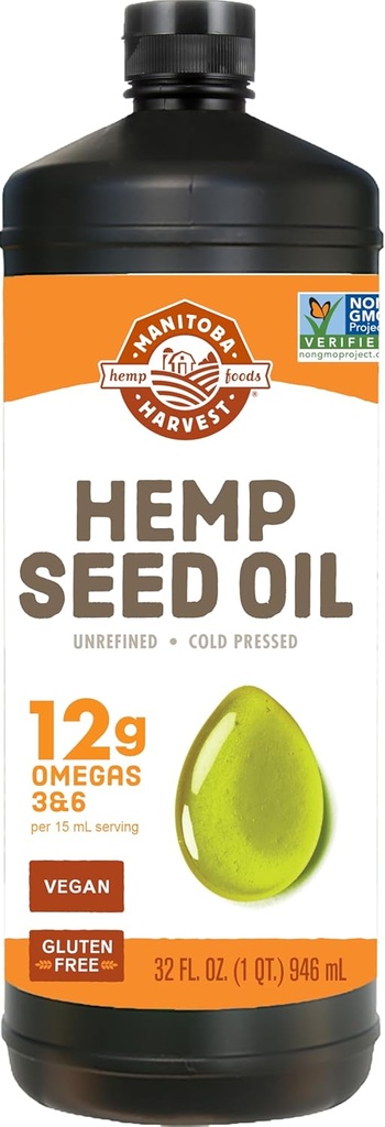 Manitoba Harvest Hemp Seed Oil, Cold Pressed, Premium Quality, 12g of Omegas 3 & 6 Per Serving, Hydrate & Nourish Skin - Non GMO, Vegan, Gluten Free, Great for cooking, salad dressings, 32 Fl Oz