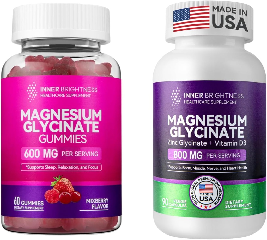 Magnesium Glycinate｜Gummies for Adults, Sleep, Relaxation & Focus, Mixed Berry Flavor & Capsules with Zinc & Vitamin D3 for Sleep Support