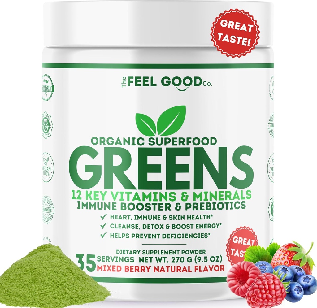 The Feel Good Super Greens Poudre - Bio Green Juice, Blé Grass Pas de sucre ajouté, Spiruline, Chlorella, Probiotiques, Enzyme digestif, Riche antioxydant, Immunity Boost Green Superfood, 35 SVG, Daily