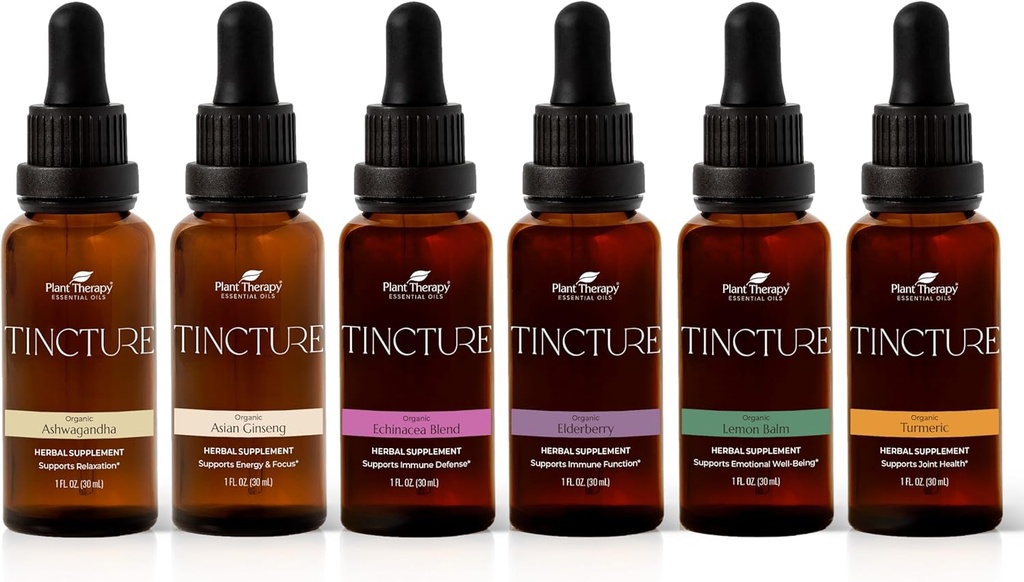 Pflanzentherapie Bio-Tinkturen Anfänger Set 30 mL Jedes Organische Ashwagandha, asiatische Ginseng, Echinacea Blend, Elderberry, Zitronenbalm & Turmeric