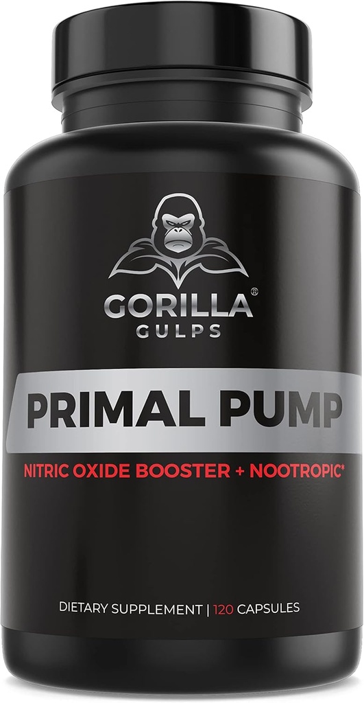 Gorilla Gulps - Primal Pump Nitric Oxid Supplement Nootropic 1500mg Nitrosigine L Arginine & Beet Wurzel für Muskelwachstum, Pumpen, Blutfluss, Energie & Fokus - Max Strength Pre Workout N.O. Booster