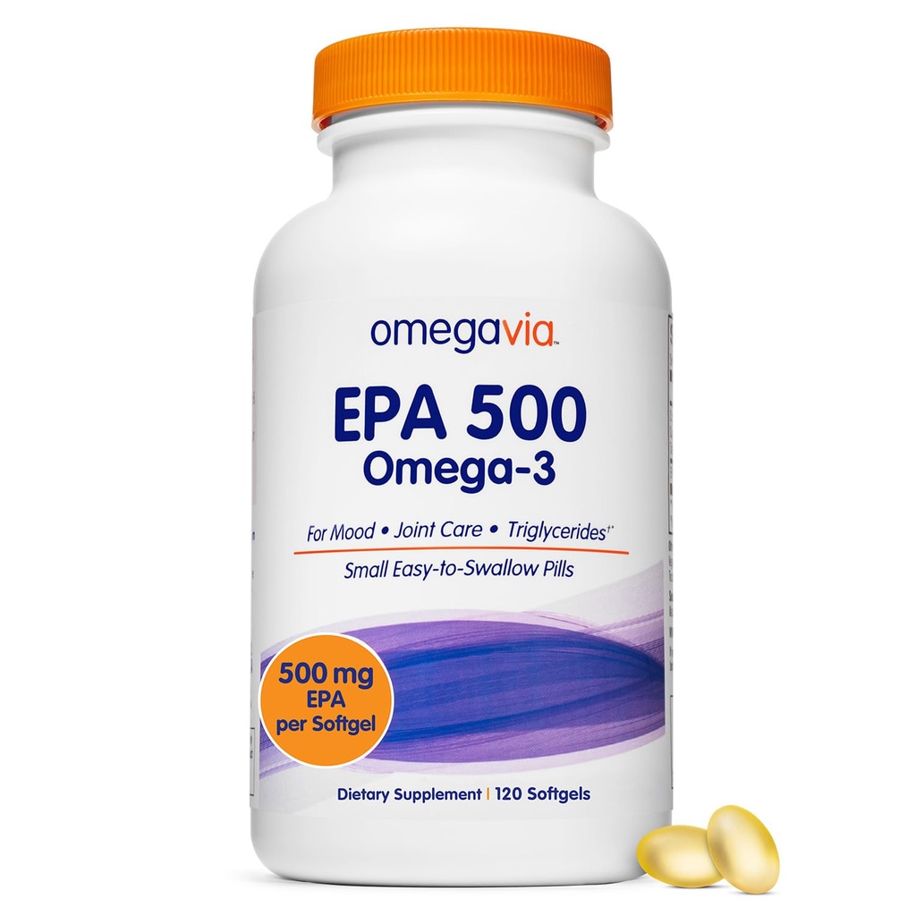 OmegaVia EPA 500, supplément d'huile de poisson Omega-3 purifié, 500 mg EPA sous forme de triglycéride, huile de poisson sans Burpless, non OGM, sans gluten, IFOS 5-Star, 120 Softgels