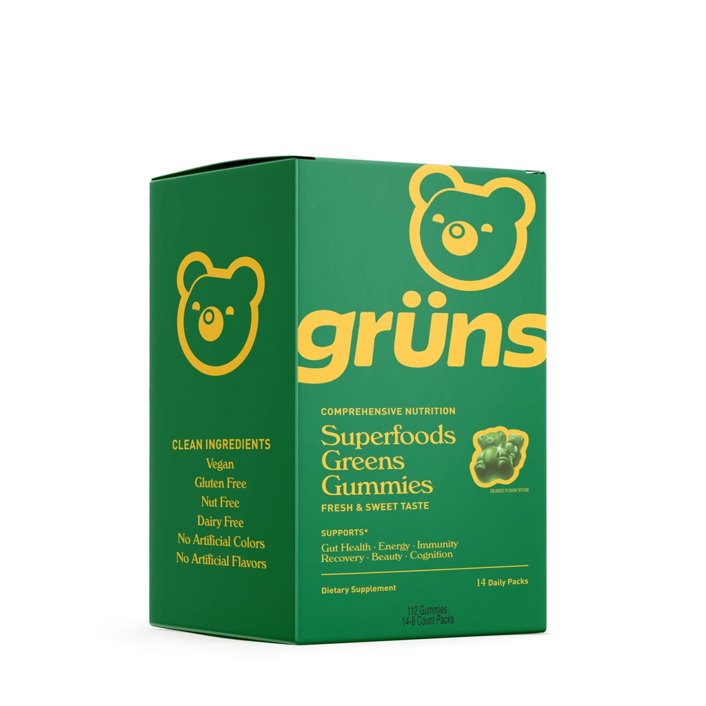 Gruns Super Greens Gummy Bears - Bio Spirulina und Chlorella, Präbiotika für Verdauungsgesundheit, 20+ Vitamine und Mineralien - 14 Beutel - 112 Gummi