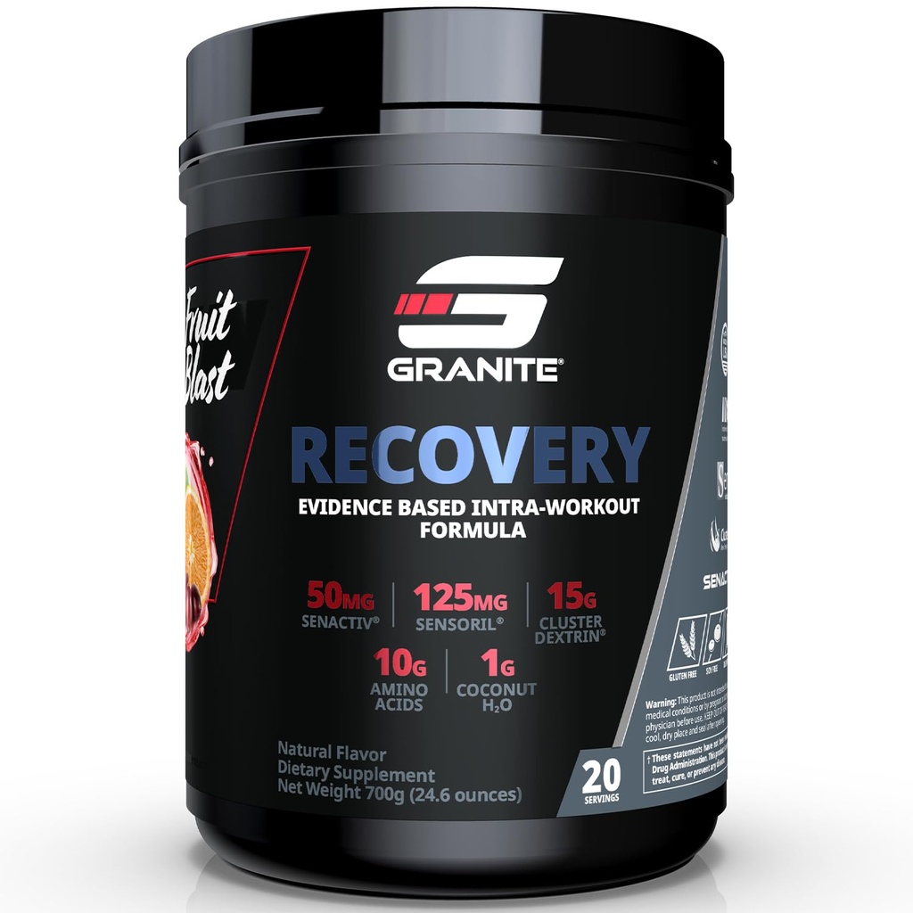 Récupération de la nutrition du granit - Boissons intra-entraînement premium avec AAE, Dextrine en grappe, Sensoril & Senactiv pour la performance athlétique et gains musculaires maigres - Fruit Blast (30 portions)