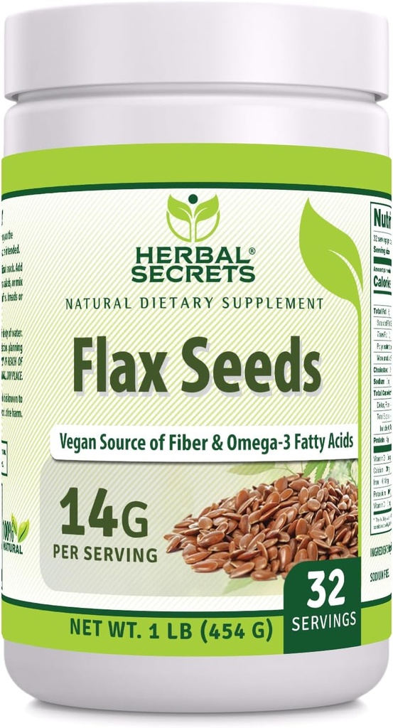 Herbal Secrets Organic Ganze Flax Seeds Supplement | 14 G Per Serving | Raw Vegan | Non-GMO | Gluten-Free | Made in USA (1 Pack, 1 Lb)