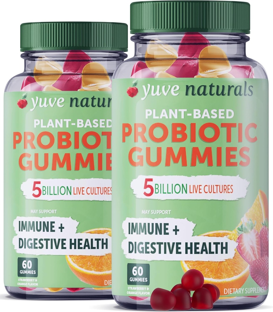 Yuve Vegan Probiotic Gummies, Probiotika für Frauen & Männer, Zucker & Glutenfreie Gummy Probiotika, Verdauungs- & Immununterstützung, 5 Billion CFU, Hilft mit Verstopfung, Bloating & Leaky Gut - 60ct (2 Pack)