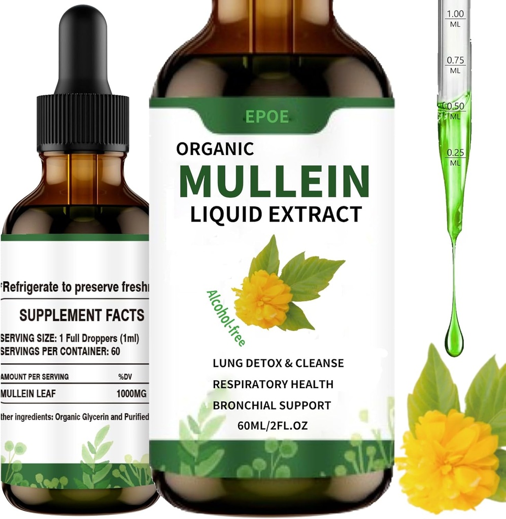 Flüssigkeitstropfen mit Mullein Leaf, Mullein Tropfen für Lunge Organic Respiratory Booster Alcohol Free, Lung Cleanse für Immun- und Respiratory Health Support, Weiß