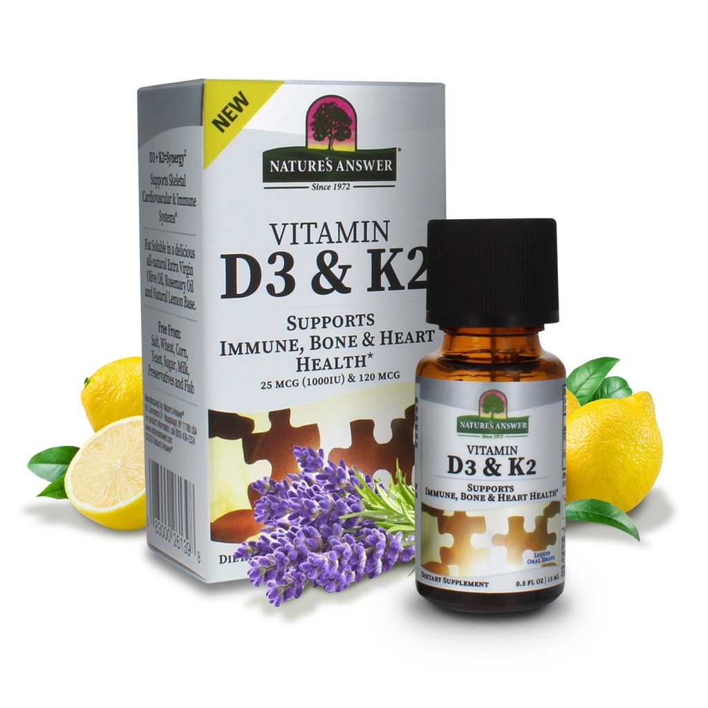 Naturen Antwort Vitamin D3 und K2, 0.5 oz - Flüssiger Extrakt Mundtropfen - Unterstützt Immun-, Knochen- und Herzgesundheit - in einem leckeren Olivenöl, Rosmarinöl und natürliche Zitronenbasis